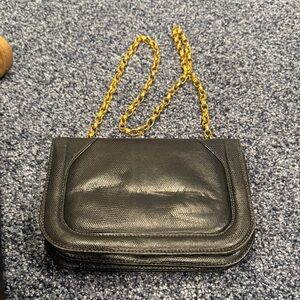 Vintage Black Leather Bag with Gold Chain by Crouch & Fitzgerald.
